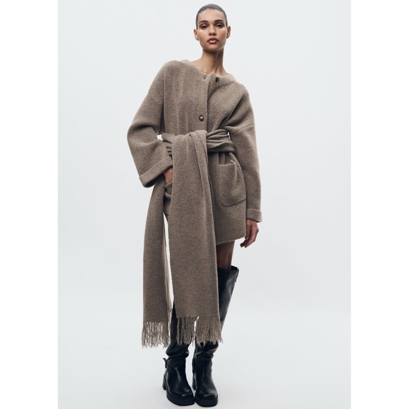 NWT Zara Short Knit Coat With Scarf - Picture 5 of 16